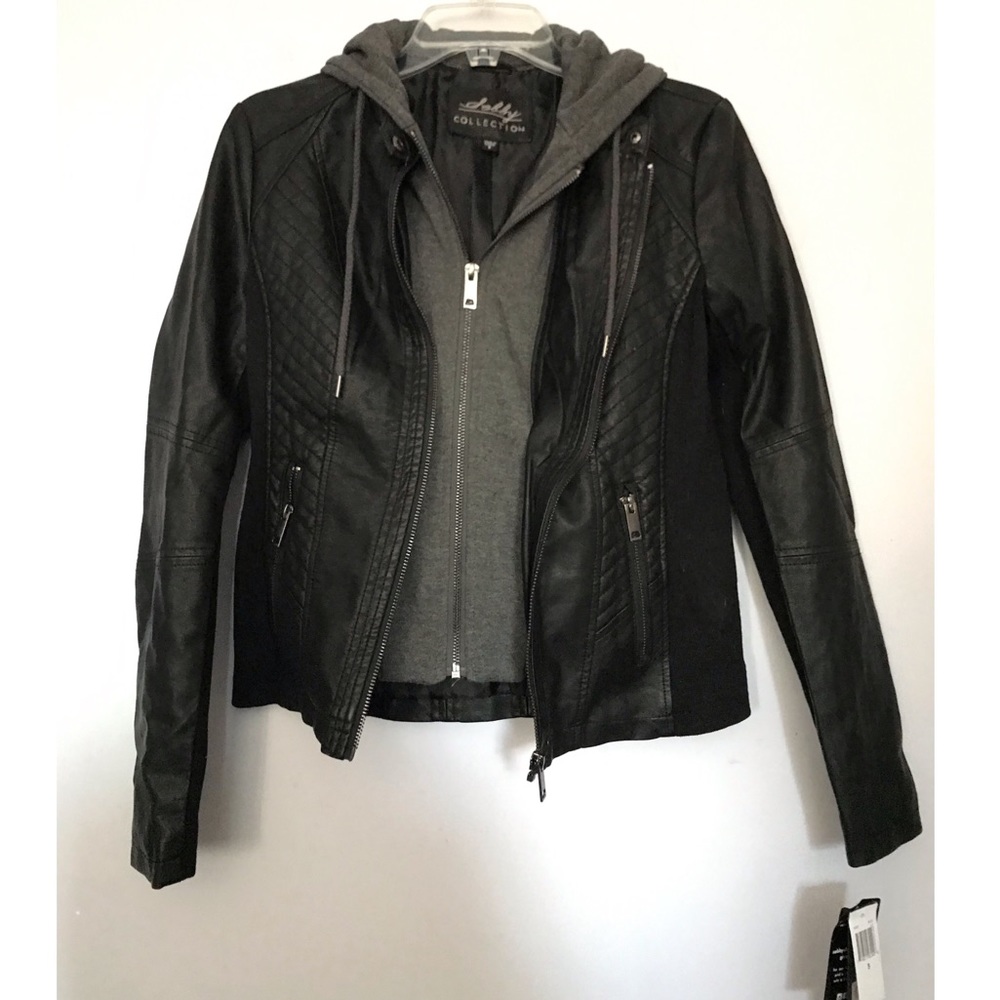 Black leather jacket w/ removable hoodie insert S